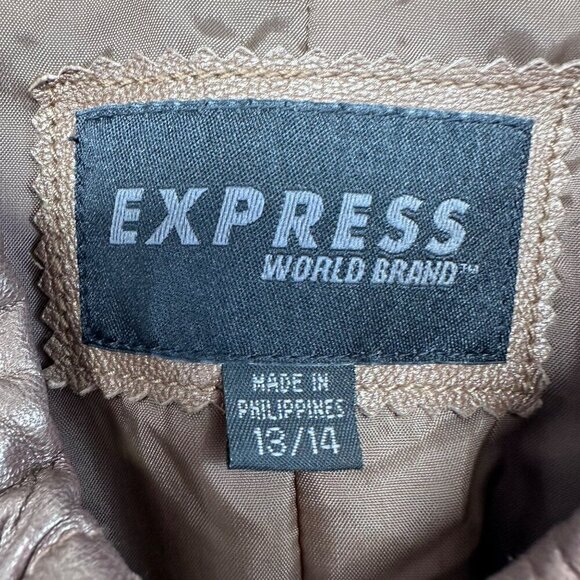 Express Vintage Leather Long Jacket Womens Size 13/14 Gold Bronze Waist Tie - Picture 3 of 16